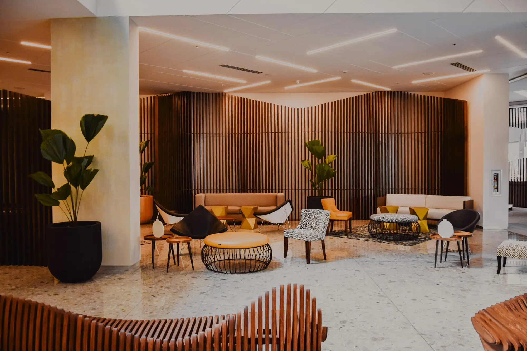 Modern hotel lobby with designer furniture